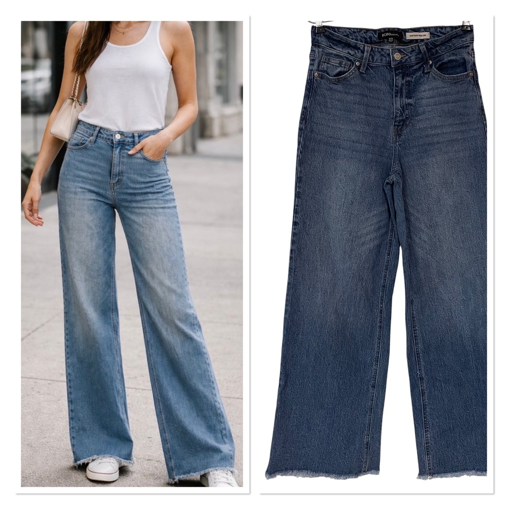 BCBGeneration Womens High Rise Wide Leg Jeans Raw Hem Boho Retro Classic 9/29